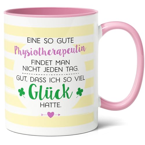 Physiotherapeutin Geschenk Kaffee-Tasse (330ml) - Geschenkidee für Kollegin Abschluss, bestandene Prüfung, Dankeschön, Weihnachten - Glück Physiotherapeutin - Keramik - Innen & Henkel (Rosa) von Facepot