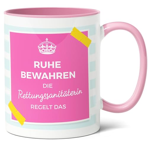 Rettungssanitäterin Geschenkidee Kaffee-Tasse (330ml) - Für heldenhafte Absolventin, Berufseinstieg, Stresslinderung, Rettungsdienst - Ruhe bewahren, Rettungssanitäterin regelt - Keramik (Rosa) von Facepot