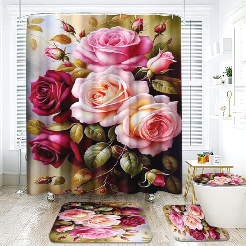 Fadaing Rose Duschvorhang 180 x 200 180 x 180 Blumen Duschvorhänge Wasserdichtes Polyeste Blühende Roses Duschvorhang Badezimmermatte 4-teiliges Set (180 x 180 cm,3) von Fadaing