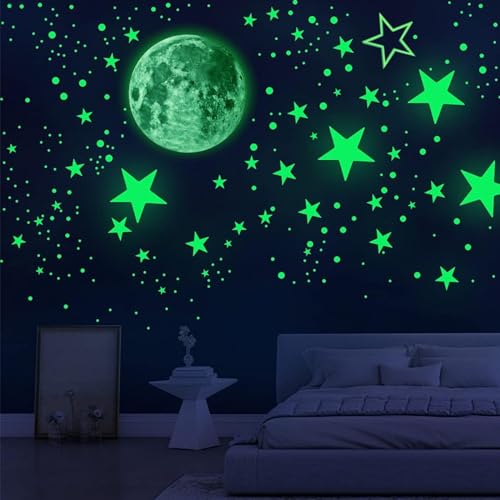 FAINCA 435 Stück Leuchtsterne Kinderzimmer Aufkleber, Mond Leuchtsticker, Stern Fluoreszierende Aufkleber, Selbstklebend Leuchtsticker Kinderzimmer, für Baby Kinder oder Schlafzimmer von Fainca