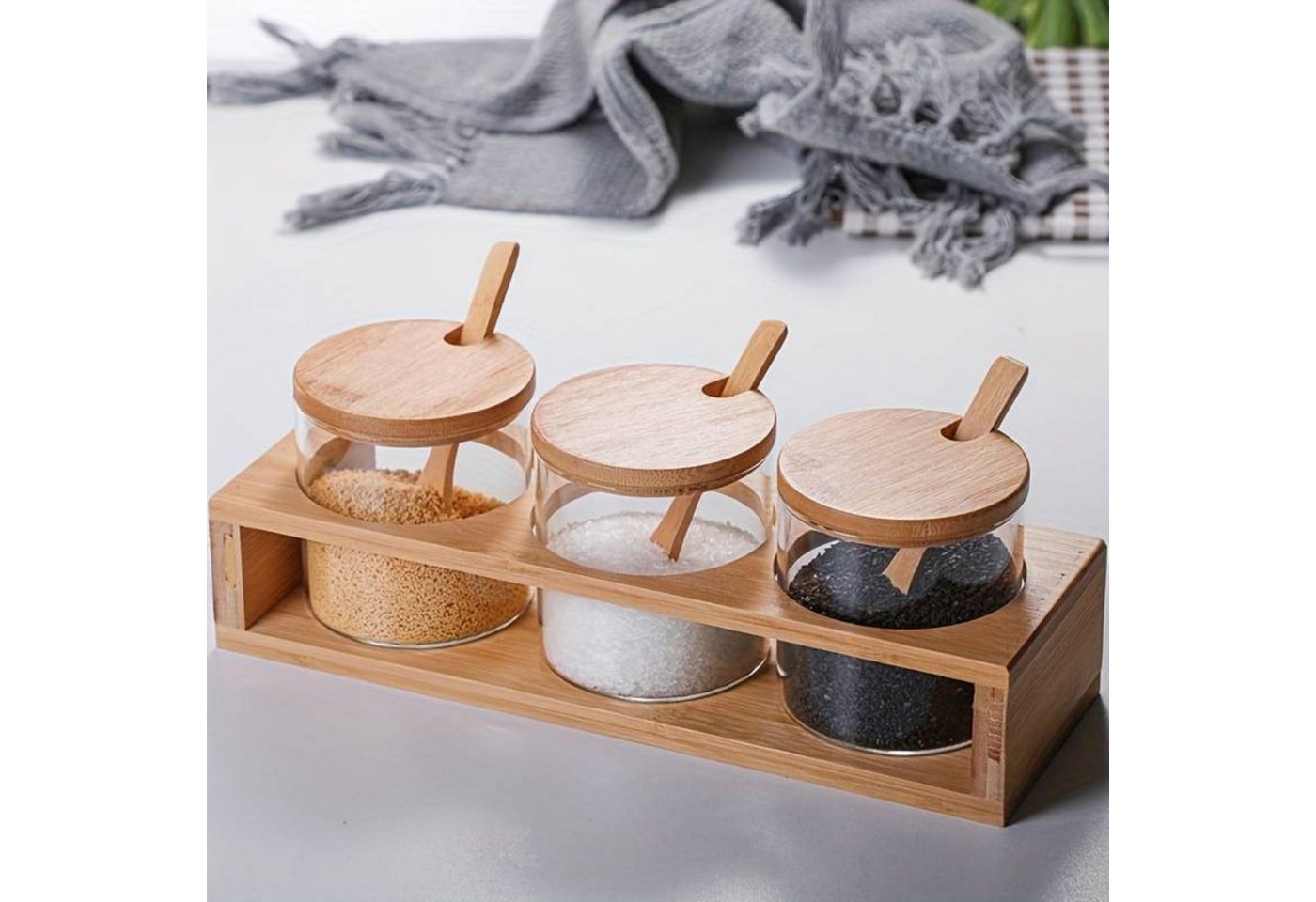 Faizee Möbel Gewürzbehälter Stilvolles Gewürzdosen-Set mit Bambus-Halterung, Bambus/Glas von Faizee Möbel