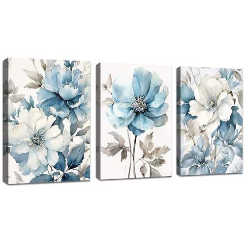 3 Pcs Leinwandbilder Bilder mit Rahmen Graue und blaue Blumen Tinte bild auf leinwand Wandkunst Modern Wandbilder Kunstdruck Deko für Wohnzimmer Schlafzimmer fertig zum Aufhängen 90x40cm(30x40x3) von FajerminArt