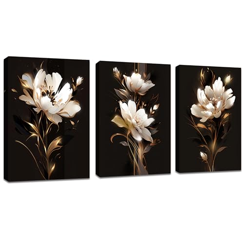 3 Pcs Leinwandbilder Bilder mit Rahmen Schwarz Gold Pfingstrose Blumen bild auf leinwand Wandkunst Wandbilder Kunstdruck Deko für Wohnzimmer Schlafzimmer fertig zum Aufhängen 120x60cm(40x60x3) von FajerminArt