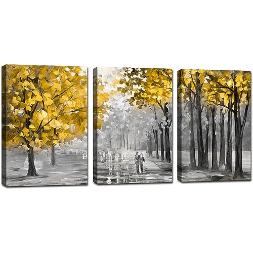 3 Teilig Leinwandbilder Bilder Abstrakt herbstlicher gelber Baum bild auf leinwand Wandkunst Modern Wandbilder Kunstdruck Deko für Wohnzimmer Schlafzimmer fertig zum Aufhängen 120x60cm(40x60x3) von FajerminArt