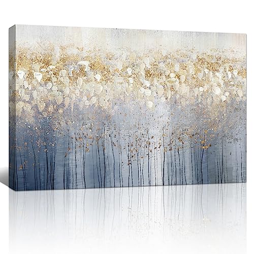 FajerminArt Mit Rahmen Blüte Baum Leinwand Bilder, Abstrakt Grau Gold Geblümt Bild auf Leinwand Bild Kunstdruck, Modern Wandbilder XXL Deko für Wohnzimmer Schlafzimmer fertig zum Aufhängen 90x60cm von FajerminArt