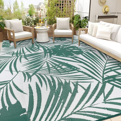 Famibay Outdoor Teppich Wetterfest Terrassenteppich Kunststoff Gartenteppich Outdoorteppich Balkon Camping Teppich Faltbare Außen Teppich für Terrasse Garten Balkon (Grün-Weiß, 150 x 245 cm) von Famibay