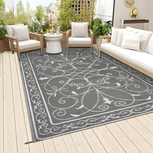 Famibay Outdoor Teppich Wetterfest Gartenteppich Balkon Kunststoff terrasse Teppich Leichtgewicht Camping Teppich Faltbar Bodenmatte für Terrasse Garten Balkon Camping(Grau, 150 x 245 cm) von Famibay