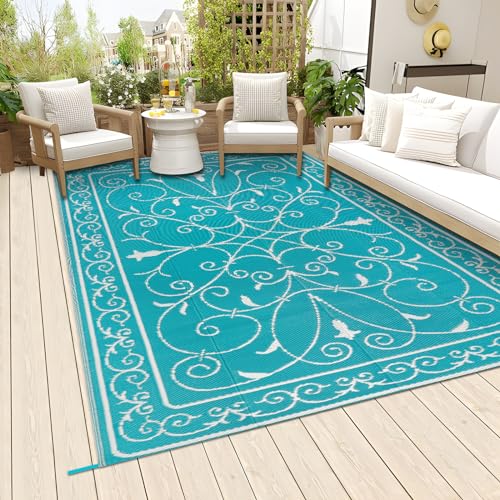 Famibay Terrassenteppich Wetterfest Groß Outdoor Teppich Plastik Gartenteppich Wendbar Teppich Balkon Leichtgewicht Picknickdecke Faltbar Bodenmatte für Terrasse Garten Balkon (Teal, 180 x 270 cm) von Famibay