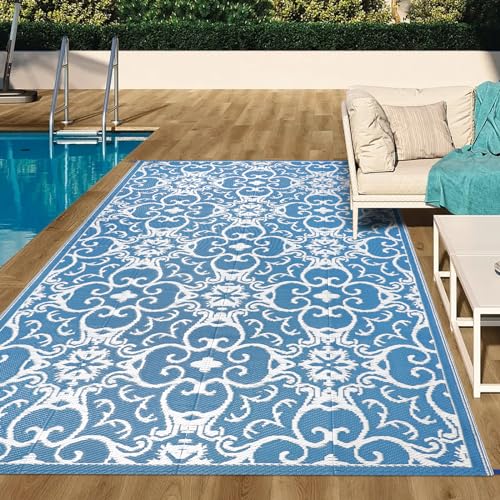 Famibay Teppich Outdoor Wetterfest Terrasse Teppich 150x245cm Kunststoff Teppich Balkon Teppich Wendbar Garten Teppich Leichtgewicht Faltbar Außen Bodenmatte für Terrasse Garten Balkon von Famibay