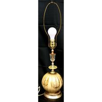 Vintage Beige Goldfarbene Blumen Tischakzentlampe Metall Glas Kristallschliff Harfe von FamiliaCondori