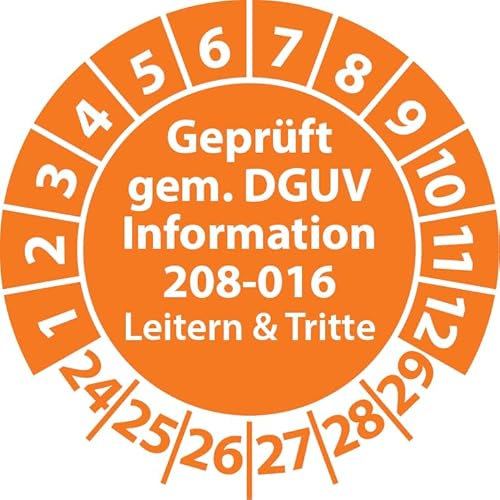 Prüfplakette Geprüft gemäß DGUV Information 208-016 Leitern und Tritte, Prüfaufkleber, Prüfetikett, Plakette (35 mm Ø, Orange, 100) von Fast-Label