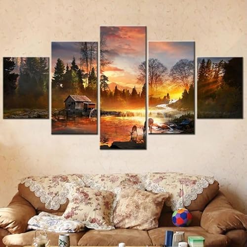 FatAco 5 Paneele Leinwand mit Rahmen Natur Fluss Hirsche Sonnenuntergang Landschaft Bild Kunstdruck Leinwand Gemälde Wandmalerei Home Office Wohnzimmer Schlafzimmer Dekoration Ready to Hang von FatAco