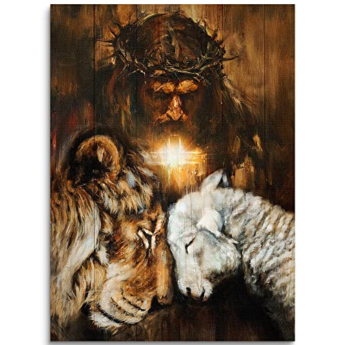 Christlicher Jesus-Löwe-Leinwand-Wandkunst, König der Löwen, Jesus und Lamm, Wanddekoration, Poster für Zimmer, fertig zum Aufhängen von Fchen art