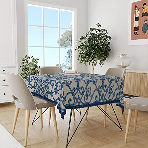 Fchen art Mykonos Blaue mediterrane Fliesenbordüre Stofftischdecke Blau Medaillon Druck Indoor/Outdoor Baumwolle Tischdecke Esstisch Abdeckung Danksagung Tisch 140 x 280 cm von Fchen art