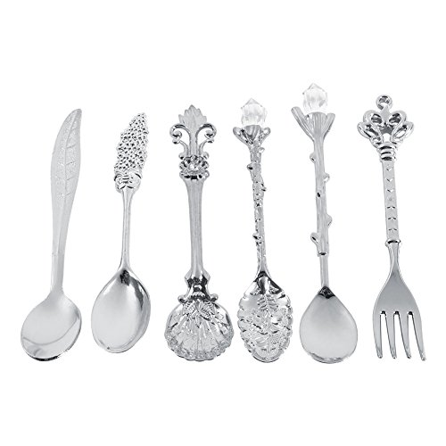 6er / Set Besteck Vintage Löffel Dessert Kaffee Rührlöffel Teelöffel Eis Löffel Obst Gabel Royal Style Metall Mini geschnitzt Geschirr Obst Löffel für Küche Esszimmer Bar süße Snacks(Silber) von Fdit