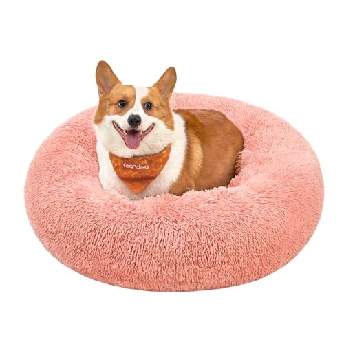 Feandrea Hundebett flauschig, Katzenbett, Donut Kissen, waschbar, Polsterung in der Mitte herausnehmbar, Langer Plüsch, 80 cm Durchmesser, rosa PGW040R01 von Feandrea