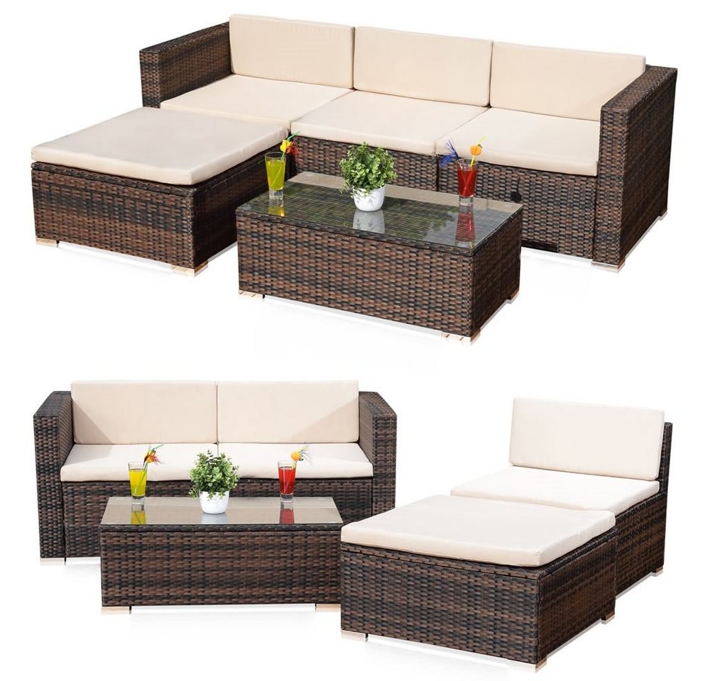 Feel2Home Gartenlounge-Set Gartenmöbel 5tlg Sitzgruppe Sofa Polyrattan Essgarnitur versch. Farben, (5-tlg), Schraub-Ausgleich-Standfüße von Feel2Home