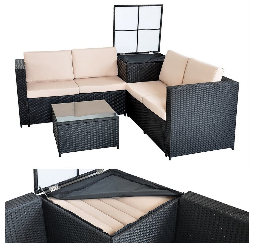 Feel2Home Gartenlounge-Set PolyRattan Sitzgruppe mit Auflagenbox in Schwarz, Grau oder Braun XXL, (2-tlg), Sicherheitsglasplatte von Feel2Home