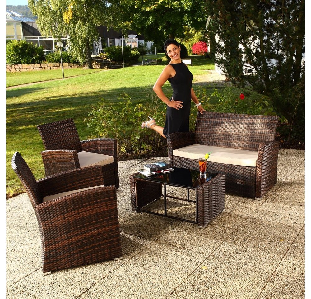 Feel2Home Sitzgruppe Gartenmöbel 4tlg. Braun Sitzgruppe Lounge Polyrattan Couch Essgarnitur, (4-tlg., 2x Stühle 1x Tisch 1x Bank), Polyrattan von Feel2Home