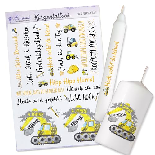 FEENSTAUB Kerzentattoos Geburtstag, personalisierbare Schiebefolie für Kerzen, Kindergeburtstag Baustelle, Kerzendeko, Folie für Kerzen, Geburtstagskerzen, Geburtstagslicht mit Bagger von Feenstaub