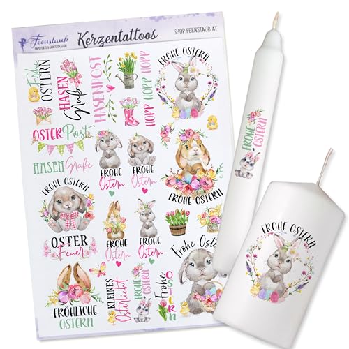 FEENSTAUB Kerzentattoos Ostern, Osterdeko gestalten, Osterkerzen verzieren, Wasserschiebefolie Ostern, Kerzenfolie Ostern, Frohe Ostern Kerze bekleben, Kerzenaufkleber für helle Kerzen von Feenstaub