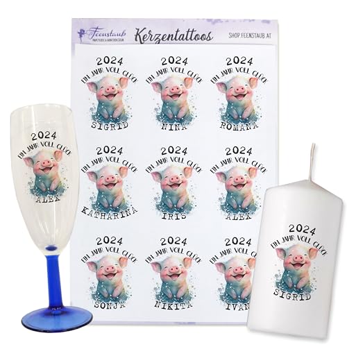 FEENSTAUB Kerzentattoos Silvester, Kerzen Tattoofolie, Mitbringsel Silvester, Silvester Kerze 2023, personalisierbare Kerzenaufkleber, Glassticker, Glücksbringer Silvester, Glücksschwein von Feenstaub