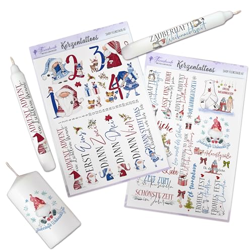 FEENSTAUB Kerzentattoos Weihnachten, 2er Set Kerzenfolien Weihnachten DIN A5, Wasserschiebefolie Kerzen, Weihnachtskerze 24 tage, Kerzensticker Advent, Kerzen Tattoo Folie Advent, Wichtel von Feenstaub