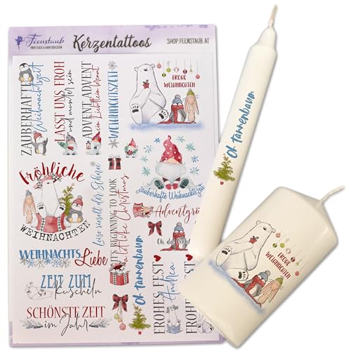 FEENSTAUB Kerzentattoos Weihnachten, Kerzenfolien Weihnachten DIN A5, Wasserschiebefolie Kerzen, Kerzenfolie Frohe Weihnachten, Kerzensticker Advent, Kerzen Aufkleber Weihnachten, Pinguine von Feenstaub