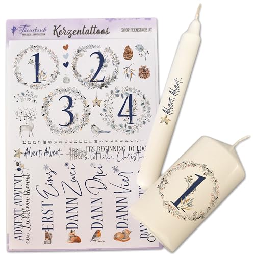 FEENSTAUB Kerzentattoos Weihnachten, Kerzenfolien Weihnachten DIN A5, Wasserschiebefolie Kerzen, Weihnachtskerze 24 tage, Kerzensticker Advent, Kerzen Tattoo Folie Advent, Adventkerzen 1-4 von Feenstaub