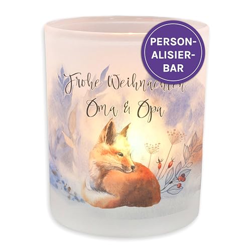 FEENSTAUB Windlicht Glas, Weihnachten Deko Winter, Teelichthalter Glas personalisiert mit Name, Deko Winter Innen, Kerzenglas Deko, Tischdeko Windlicht mit Spruch, Fuchs, Winter Teelicht von Feenstaub