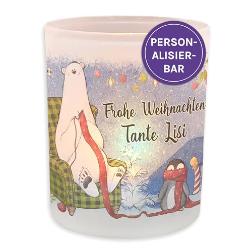 FEENSTAUB Windlicht Glas, Weihnachten Deko Winter, Teelichthalter Glas personalisiert mit Name, Deko Winter Innen, Kerzenglas Deko, Tischdeko Windlicht mit Spruch, Winter Teelicht, Kerzenglas Eisbär von Feenstaub