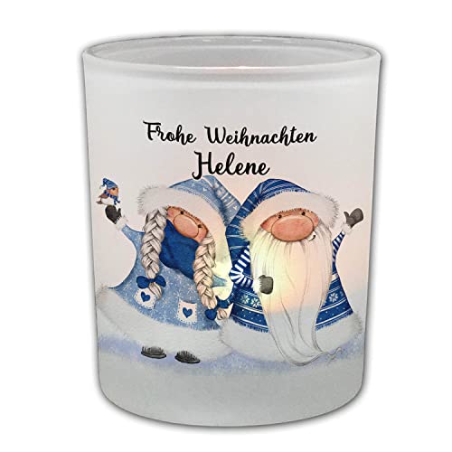 FEENSTAUB Windlicht Glas, Weihnachten Deko Winter, Teelichthalter Glas personalisiert mit Name, Deko Winter Innen, Kerzenglas Deko, Weihnachten mit Weihnachtsgnomen, Tischdeko Winter Teelicht von Feenstaub