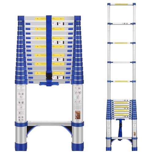 FEETE 4.7m Teleskopleiter, Aluminium-Leichtbau-Ausziehleiter mit rutschfesten Füßen, tragbare Dachbodenleiter, Heavy Duty RV zusammenklappbare Leiter für RV, Haushalt, Outdoor-Arbeiten(4.7M Blau) von Feete