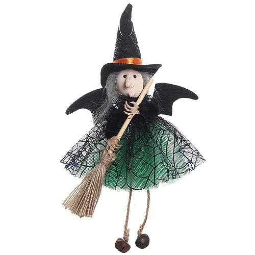 Fehploh Halloween-Mini-Hexe-Ornament mit Mullrock zum Aufhängen, Hexenstatue, weiches Tuch mit Besenstiel for drinnen und draußen, Party, Bar, Festivals (grün) von Fehploh