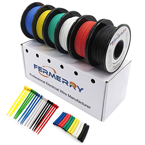 Fermerry 14 AWG Litzendraht Silikon Verzinnte Kupferdrahtspule je 3m 10 Fuß 6 Farben Flexibel 14 Gauge Elektrokabel-Kit 2.07mm² Kabel Electrical Wire Anschlusskabelsatz 200 C Sortiment Schaltlitze von Fermerry