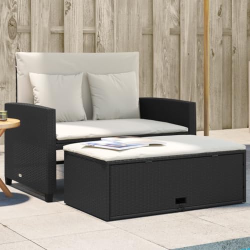 Festnight Rattan-Lounge 2-Sitzer,Gartensofa mit Bettfunktion,inkl. Hocker, Daybed zweigeteilt, kleine Rattan Couch als Outdoor,Sofa Set - 2 Sitzer Sessel mit Hocker und Schlaffunktion Schwarz#2 von Festnight