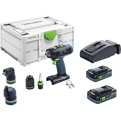 Festool Akku-Bohrschrauber T 18+3 HPC 4,0 I-Set (mit Akkupacks, Schnellladegerät, Werkzeugfutter, Magnet-Bithalter, Schnellspannbohrfutter, Winkelvorsatz, Exzentervorsatz, Gürtelclip), im Systainer von Festool