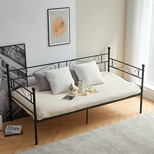 FetiNes Bettgestell aus Metall, Schlafsofa aus Schmiedeeisen, Einzelbett, kein Lattenrost erforderlich, für Matratze mit 90 x 200 cm, Schwarz von FetiNes