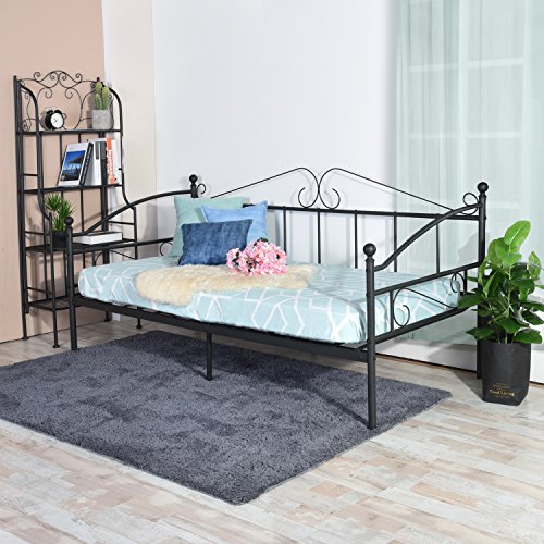 FetiNes Klassisch Tagesbett Gästebett Bettrahmen Einzelbett Metallbett Bettsofa mit Lattenrost für Schlafzimmer Wohnzimmer Garten passend für 90 * 200 cm Matratze, Schwarz von FetiNes