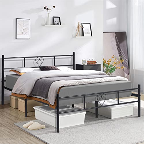 FetiNes Metallbett Doppelbett 140x200 cm Gästebett Bettrahmen mit Herzförmiges Kopfteil, Bettgestell mit Lattenrost für Schlafzimmer Gästezimmer Bett, Schwarz von FetiNes