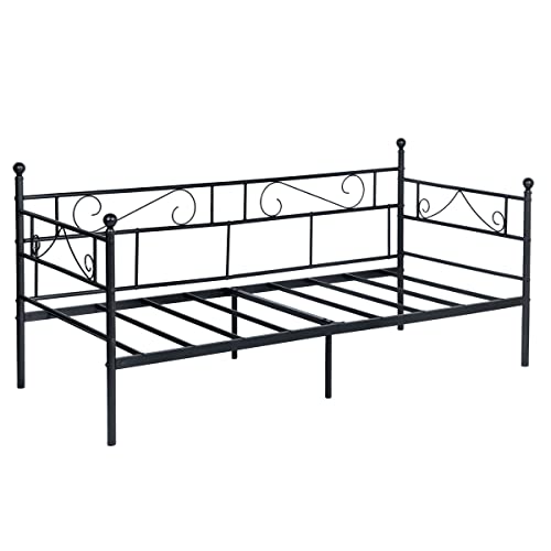 FetiNes Tagesbett Bettgestell 90x200 cm Bett, Metal Wasserdicht Familienbett Gästebett Metallbett Jugendbett Einzelbett Sofabett für Schlafzimmer Wohnzimmer passend, Schwarz von FetiNes