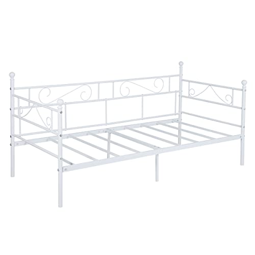 FetiNes Tagesbett Bettgestell 90x200 cm Bett, Metal Wasserdicht Familienbett Gästebett Metallbett Jugendbett Einzelbett Sofabett für Schlafzimmer Wohnzimmer passend, Weiß von FetiNes