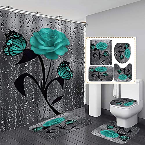 Fgolphd Duschvorhang Blume 180x200 180x180 Strand Bunt Badezimmerteppich 4-teiliges Set, Shower Curtains Wasserdicht (180 x 180 cm,9) von Fgolphd