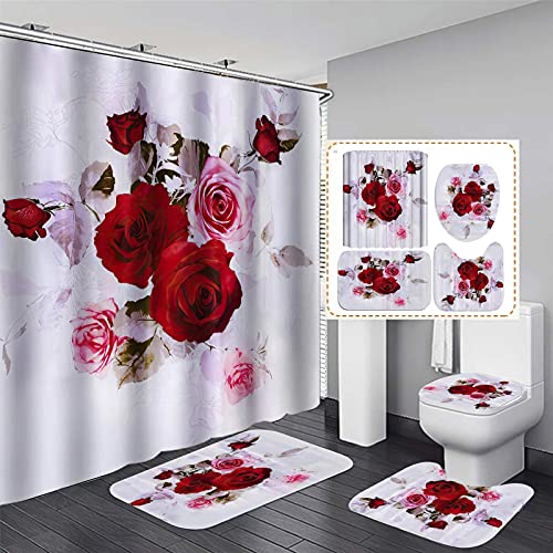 Fgolphd Duschvorhang Blume 180x200 180x180 Strand Bunt Badezimmerteppich 4-teiliges Set, Shower Curtains Wasserdicht (180 x 200 cm,4) von Fgolphd