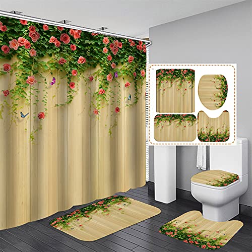 Fgolphd Duschvorhang Grün180x200 180x180 Blätter Blumen Pflanzen Blätter Strand Bunt Badezimmerteppich 4-teiliges Set,Shower Curtains Wasserdicht (180 x 180 cm,1) von Fgolphd