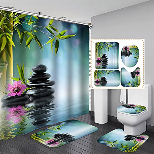 Fgolphd Duschvorhang Grün180x200 180x180 Blätter Blumen Pflanzen Blätter Strand Bunt Badezimmerteppich 4-teiliges Set,Shower Curtains Wasserdicht (180 x 180 cm,10) von Fgolphd