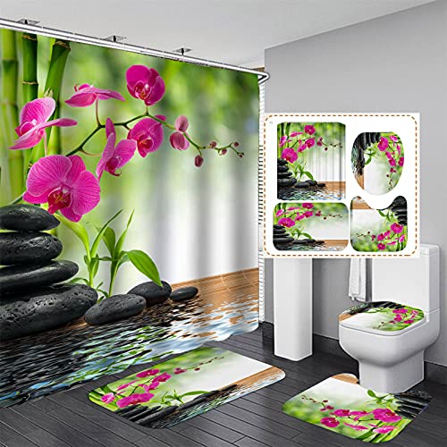 Fgolphd Duschvorhang Grün180x200 180x180 Blätter Blumen Pflanzen Blätter Strand Bunt Badezimmerteppich 4-teiliges Set,Shower Curtains Wasserdicht (180 x 180 cm,11) von Fgolphd