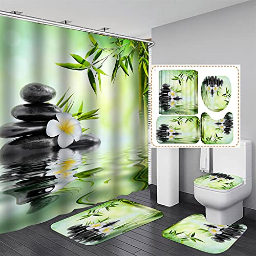 Fgolphd Duschvorhang Grün180x200 180x180 Blätter Blumen Pflanzen Blätter Strand Bunt Badezimmerteppich 4-teiliges Set,Shower Curtains Wasserdicht (180 x 180 cm,12) von Fgolphd