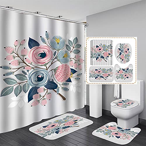 Fgolphd Duschvorhang Grün180x200 180x180 Blätter Blumen Pflanzen Blätter Strand Bunt Badezimmerteppich 4-teiliges Set,Shower Curtains Wasserdicht (180 x 180 cm,5) von Fgolphd