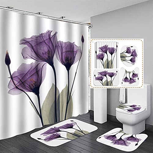 Fgolphd Duschvorhang Grün180x200 180x180 Blätter Blumen Pflanzen Blätter Strand Bunt Badezimmerteppich 4-teiliges Set,Shower Curtains Wasserdicht (180 x 180 cm,6) von Fgolphd